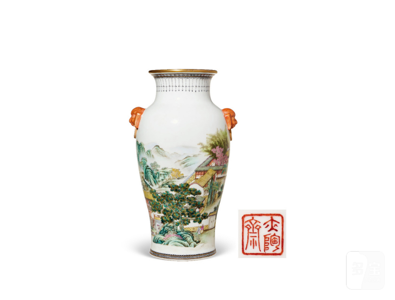 民国  粉彩山水人物双兽耳瓶